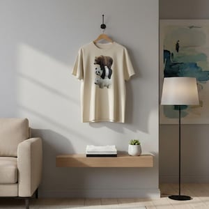 May include: A beige t-shirt with a graphic of three bears stacked on top of each other. The top bear is brown, the middle bear is a panda, and the bottom bear is white. The shirt is hanging on a wooden hanger.