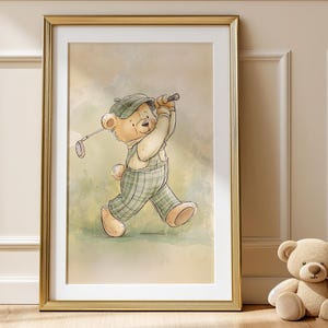 Stampa con orsetto da golf per cameretta dei bambini — Acquerello vintage, decorazione murale per cameretta dei bambini