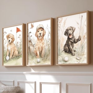 Golf Puppy Print Set of 3, Golf Nursery Wall Art, Golden Retriever & Labrador Puppy Posters, Boy Nursery Decor, Golf Baby Gift