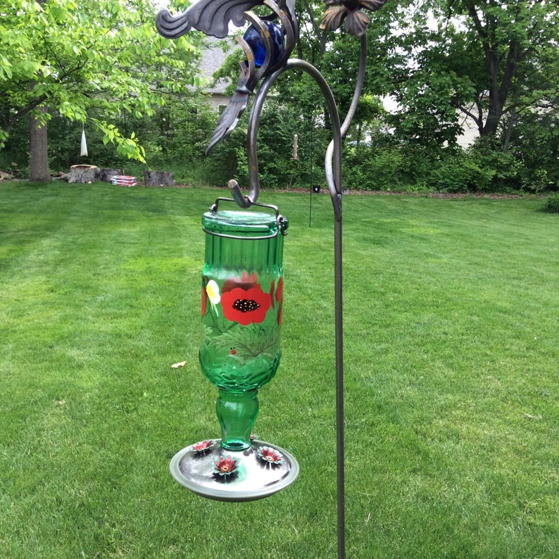 Large 24 oz hand painted recycled glass humming bird feeder. Etsy