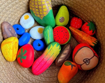 Hand painted rock food for mud kitchen, EYFS provision, pretend play, story telling, imagination.