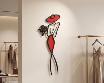 Elegant Female With Roses Metal Wall Art: Modern Abstract Woman Home Decor, Minimalist Colorful Lady Steel Sign