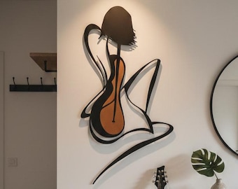 Guitarist Woman Metal Wall Art: Abstract House Decor, Minimalist Colorful Guitar Metal Sign, Gift For Guitar Lovers, Modern Music Room Decor