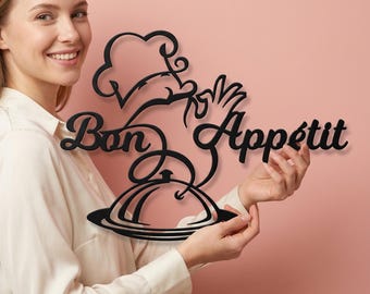 Chef Silhouette Food Metal Wall Art: Bon Appétit Metal Kitchen Decor, Modern Restaurant Sign, Gift For Mom