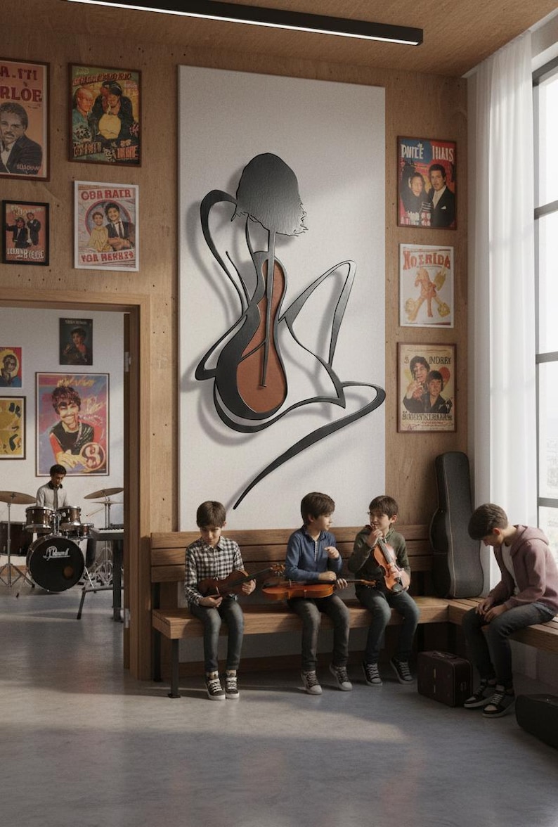 May include: A room with a large metal art piece depicting a woman playing a stringed instrument. Several children are seated on a wooden bench, holding violins. Vintage posters adorn the walls, and a drum set is visible in the background.