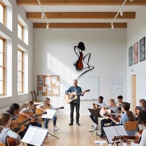 May include: A guitar class in session. A teacher stands in front of a group of students, all holding acoustic guitars. The room has large windows, wooden beams, and a decorative guitar silhouette on the wall.