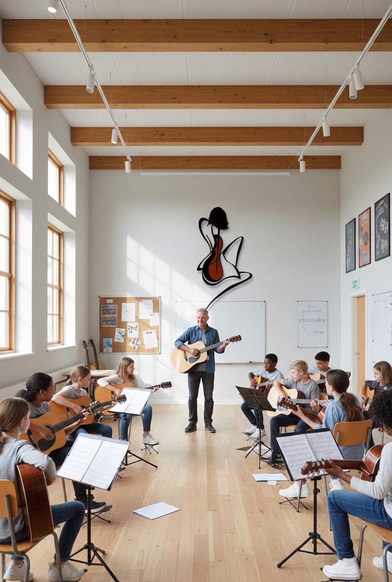 May include: A guitar class in session. A teacher stands in front of a group of students, all holding acoustic guitars. The room has large windows, wooden beams, and a decorative guitar silhouette on the wall.