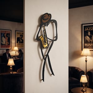 May include: A black metal wall art piece depicting a stylized figure wearing a brown hat and playing a gold saxophone. The silhouette is composed of continuous lines, showcasing the musician in a standing posture against a light wall surface.