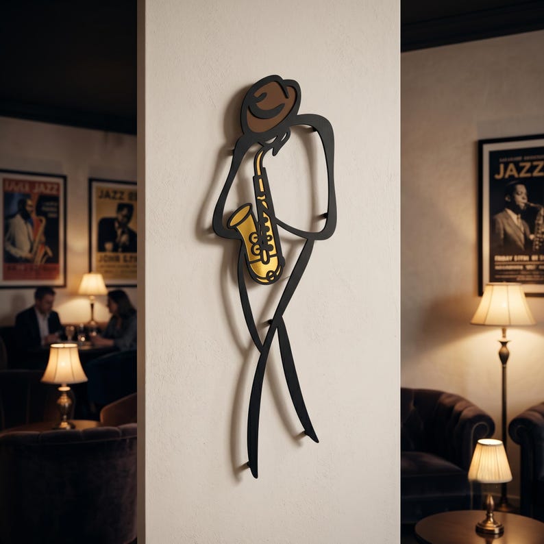 May include: A black metal wall art piece depicting a stylized figure wearing a brown hat and playing a gold saxophone. The silhouette is composed of continuous lines, showcasing the musician in a standing posture against a light wall surface.