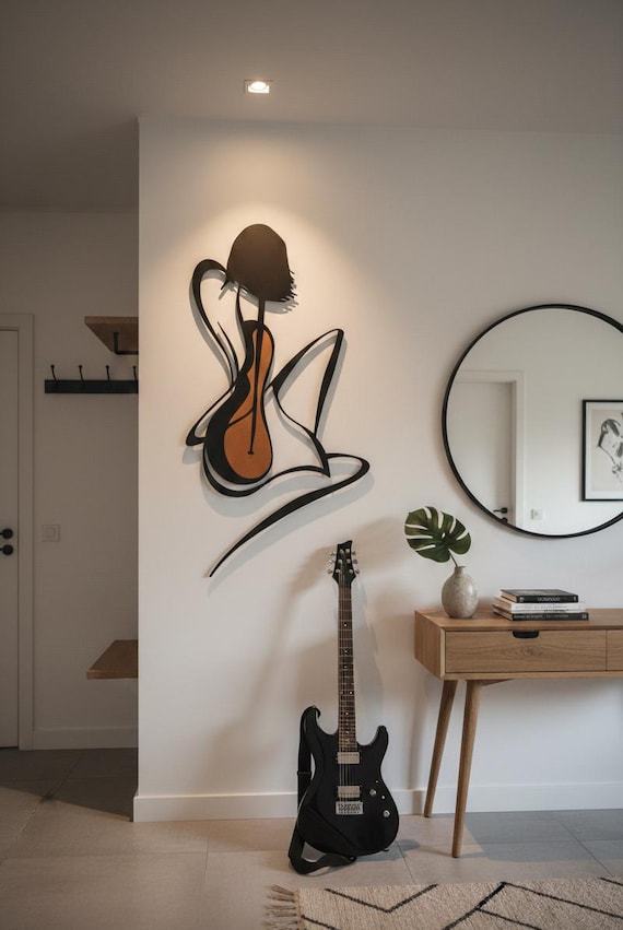 Guitarist Woman Metal Wall Art: Abstract House Decor, Minimalist Colorful Guitar Metal Sign, Gift For Guitar Lovers, Modern Music Room Decor