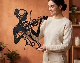 Violinist Woman Metal Wall Art: Modern Lady Musician Silhouette Home Decor, Elegant Violin Housewarming Gift, Musical Sign