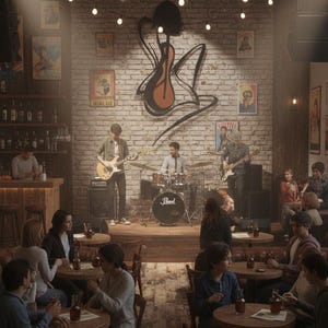 May include: A dimly lit music venue with a band playing on a small stage. The brick wall behind the band features a guitar-themed mural. Tables and chairs are arranged in front of the stage, with patrons enjoying drinks. String lights hang overhead.