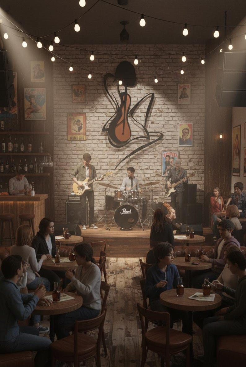 May include: A dimly lit music venue with a band playing on a small stage. The brick wall behind the band features a guitar-themed mural. Tables and chairs are arranged in front of the stage, with patrons enjoying drinks. String lights hang overhead.