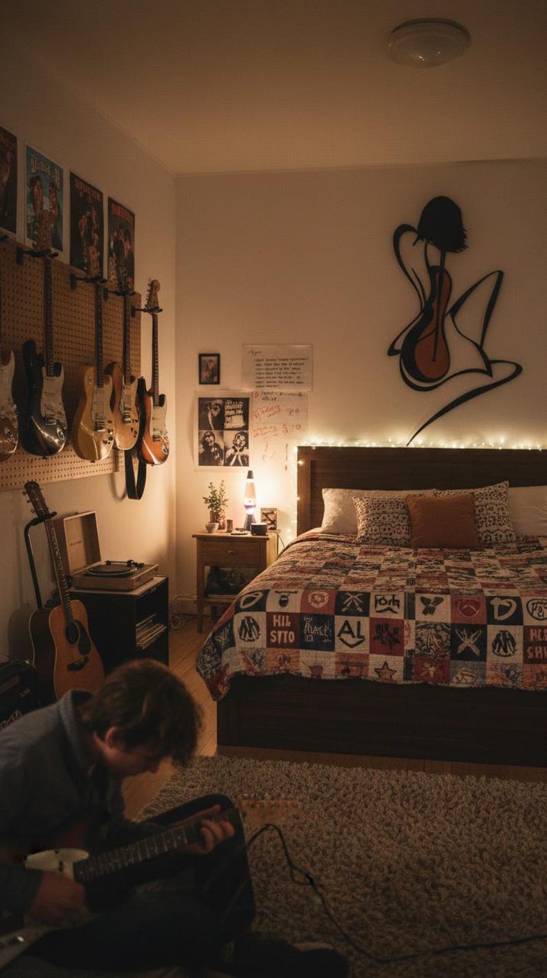 May include: A bedroom with a musical theme, featuring guitars hanging on the wall, a bed with a patchwork quilt, and a person playing a guitar on the floor. The room is dimly lit with warm lighting.