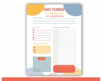 May include: A Daily Planner sheet with a white background and colourful accents. The planner includes sections for mood, date, top priority, to-do list, goals, notes, and a schedule for the day. The text "DAILY PLANNER" is at the top.