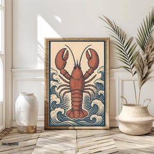 Lobster with Ocean Waves Poster, Coastal Nautical Wall Print, Ocean Kitchen Dining Decor, Beach House Wall Art, Gift for Seafood Lovers