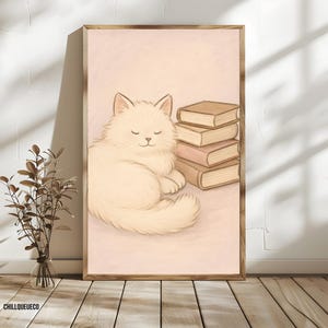 Pastel Cat Reading Print: Fluffy White Cat Wall Art