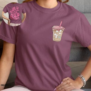Caffeine Double Print T-Shirt: Iced Coffee, Tired Moms Club