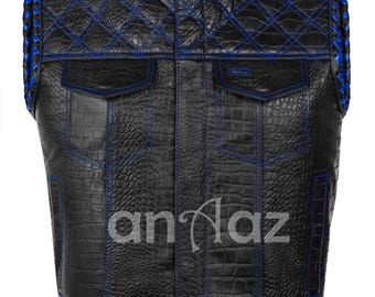 Colete de couro artesanal em jeans para motociclista, colete trançado masculino para motociclismo