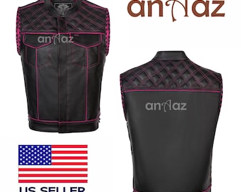 Handmade Leather Diamond Quilted Biker Vest: Black & Pink Motorcycle Vest