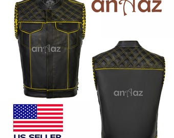 Colete masculino de couro feito à mão para motociclista, com matelassê em losangos, estilo club.