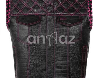 Colete de couro artesanal para motociclista, colete de motociclista em jeans trançado