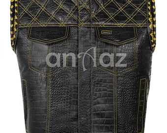 Handmade Black Leather Biker Vest, Diamond Quilted Motorcycle Vest