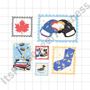Könnte beinhalten: Eine Sammlung von sechs Briefmarkenillustrationen mit einem roten Ahornblatt, blauen und schwarzen Eishockeyhandschuhen, zwei gekreuzten Eishockeyschlägern über Büchern mit Pucks, Schlittschuhen, einem Eistaucher auf Wasser und blauen Socken mit Bananenmuster.