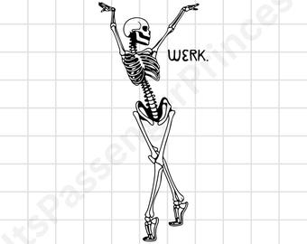 Puede incluir: Ilustración en blanco y negro de un esqueleto en pose de ballet con los brazos levantados. La palabra "WERK" está impresa en negro junto al esqueleto. El fondo es una cuadrícula blanca.