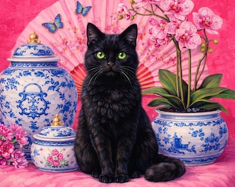 Lámina con estampado de gato negro y sofá rosa / Arte mural maximalista de estilo chinoiserie (descarga digital)