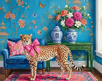 Cheetah Chinoiserie Wall Art | Grandmillennial Digital Print | Maximalist Animal Decor | Instant Download