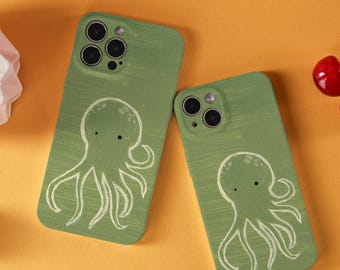 Funda minimalista con diseño de pulpo sobre fondo verde para iPhone 16, 15, 14, 13, 12 Pro Max, iPhone 16, 15, 14 Plus, 13, 12 Mini.