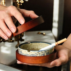 Japanese Ceramic Ashtray with Bamboo Lid: Retro Home Decor