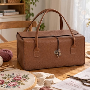 May include: A rectangular brown leather storage bag with a textured surface, two top handles, and a flap closure secured by a button. A small dark cord hangs from the button, featuring a metallic leaf charm and a circular decorative pendant.