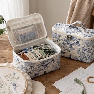May include: Two quilted fabric craft storage cases with a blue and white floral and bird pattern. One case is open, revealing spools of embroidery floss. An embroidery hoop with a bird design is in the foreground.
