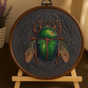 Green Emerald Beetle Bead Embroidery Kit, DIY Bug Beadwork Pattern for Home Décor or Gift, Insect Bead Embroidery Kit, Hoop art