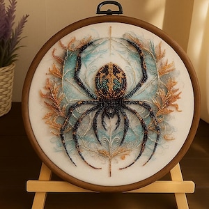 Puede incluir: Un bordado redondo enmarcado con un diseño detallado de araña. La araña es negra con cuerpo y patas de cuentas, sobre un fondo azul claro y blanco. El marco es de color madera y la obra de arte se exhibe en un pequeño caballete de madera.