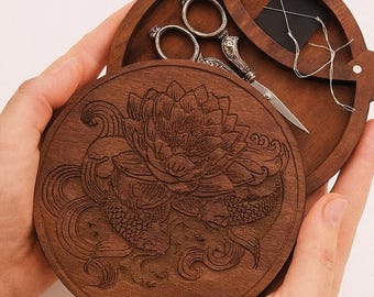 Wooden Scissors & Needle Magnetic Case, Carved Organizer Box for Embroidery, Sewing Accessories, and Craft Tools
