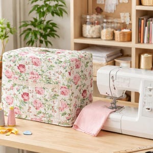 Könnte beinhalten: Eine weiße, gesteppte Nähmaschinenabdeckung mit einem rosa-grünen Rosenmuster und einer horizontalen Spitzenborte. Daneben steht eine weiße Nähmaschine mit einem rosa Stoffrest, zwei Garnrollen, einem Maßband und einer Schere.