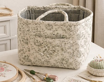 Bolsa grande acolchada para proyectos de tejido y bordado, cesta de almacenamiento para manualidades de tela toile con bolsillos y asas, regalo para el Día de la Madre