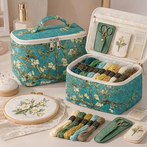 May include: A teal and white floral pattern sewing kit with a handle, open to reveal colourful thread spools. Includes a small embroidery hoop, pin cushion, scissors, and needles. The kit is designed for embroidery and sewing projects.