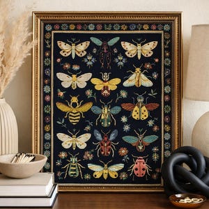 Zestaw do haftu krzyżykowego z owadami, wzór do haftu entomologicznego, próbnik ćmy, motyla, chrząszcza, sztuka ścienna z motywem natury, prezent DIY dla hafciarza