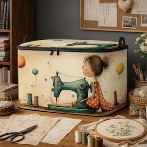 May include: A beige sewing box with a zipper closure and black handles. The box features a whimsical illustration of a girl sewing with a vintage teal sewing machine, surrounded by balloons and spools of thread. A sewing-themed storage solution.
