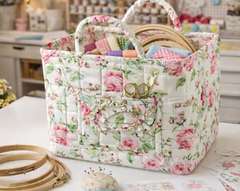 Borsa per progetti artigianali in tessuto con manici, organizer trapuntato per ricamo, lavoro a maglia e uncinetto, regalo per mamma e nonna