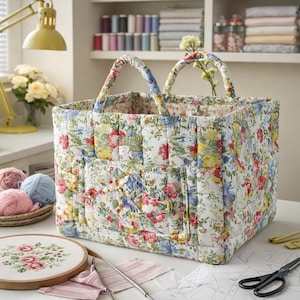 Peut inclure: Un sac fourre-tout en tissu floral matelassé avec deux poignées. Le sac présente un fond blanc avec un motif floral coloré en rouge, bleu, jaune et vert. Le sac est rectangulaire avec des poches à l'avant.
