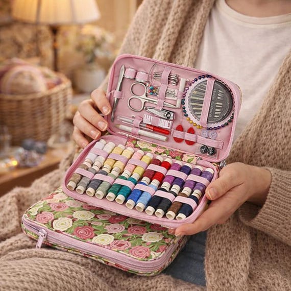 Portable Sewing Kit Organizer Case with Threads & Tools, Travel Sewing Set, Floral Sewing Organizer, Sewing Supplies Kit, Gift for Sewers