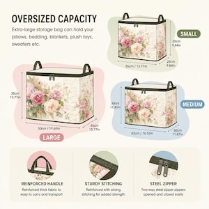 May include: Three rectangular storage bags with a floral pattern, featuring reinforced handles, sturdy stitching, and two-way steel zippers. Dimensions are labeled in inches: small 9.84x13.77x9.84, medium 16.53x11.81x11.81, and large 19.69x13.77x13.77 inches.