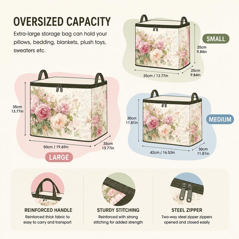 May include: Three rectangular storage bags with a floral pattern, featuring reinforced handles, sturdy stitching, and two-way steel zippers. Dimensions are labeled in inches: small 9.84x13.77x9.84, medium 16.53x11.81x11.81, and large 19.69x13.77x13.77 inches.