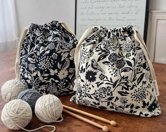 Floral Drawstring Project Bag, Bird Print Knitting Bag, Fabric Crochet Storage Pouch, Yarn Organizer for Crafts