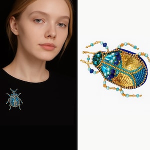 DIY Beaded Brooch Kit, Blue And Gold Beetle Pin Making Set, Bead Embroidery Kit With Sequins And Beads, Handmade Jewelry Craft Gift